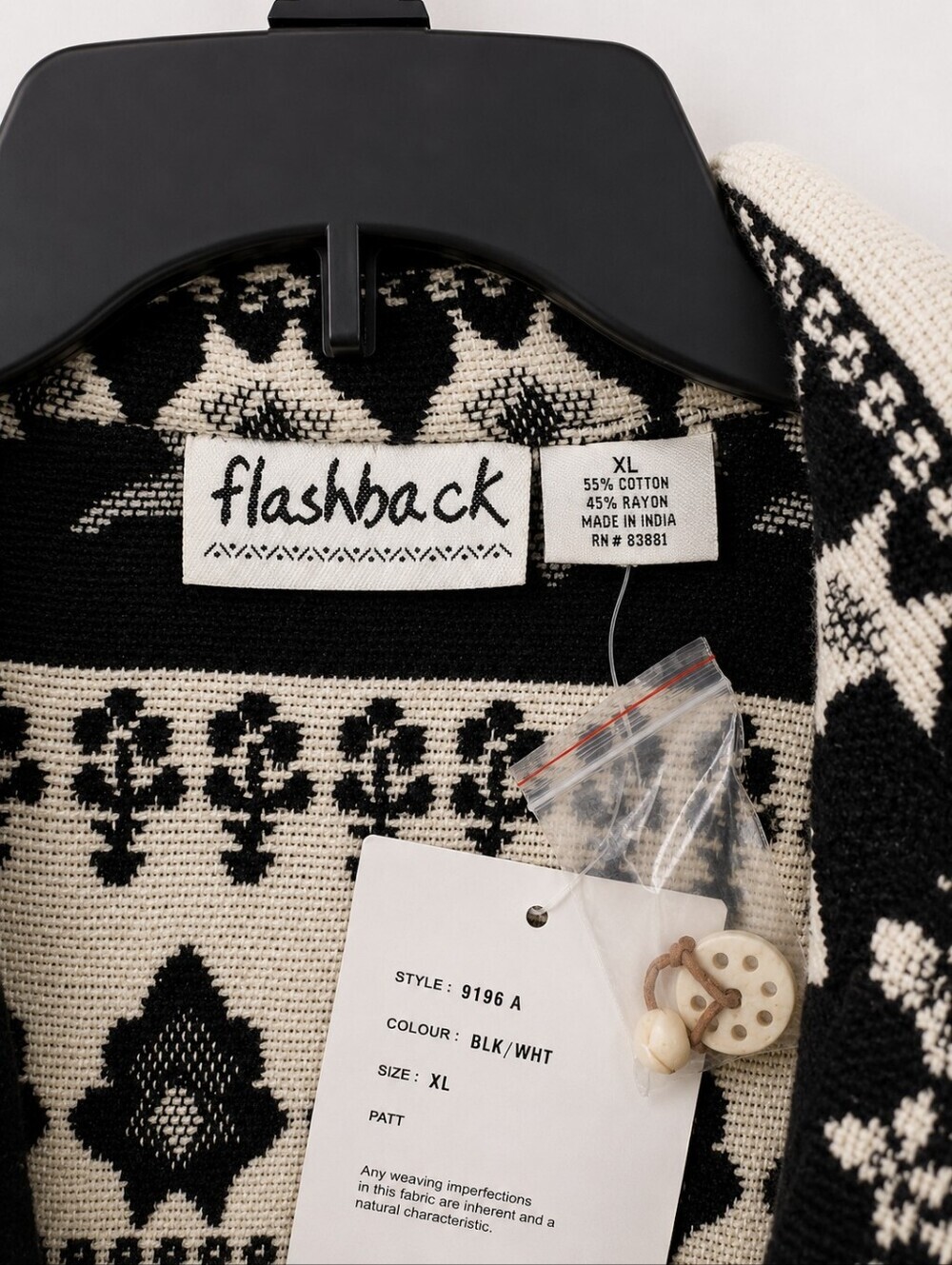 Flashback Women's Black & White Tapestry Knit Jacket XL Boho Southwestern Button - Picture 5 of 6